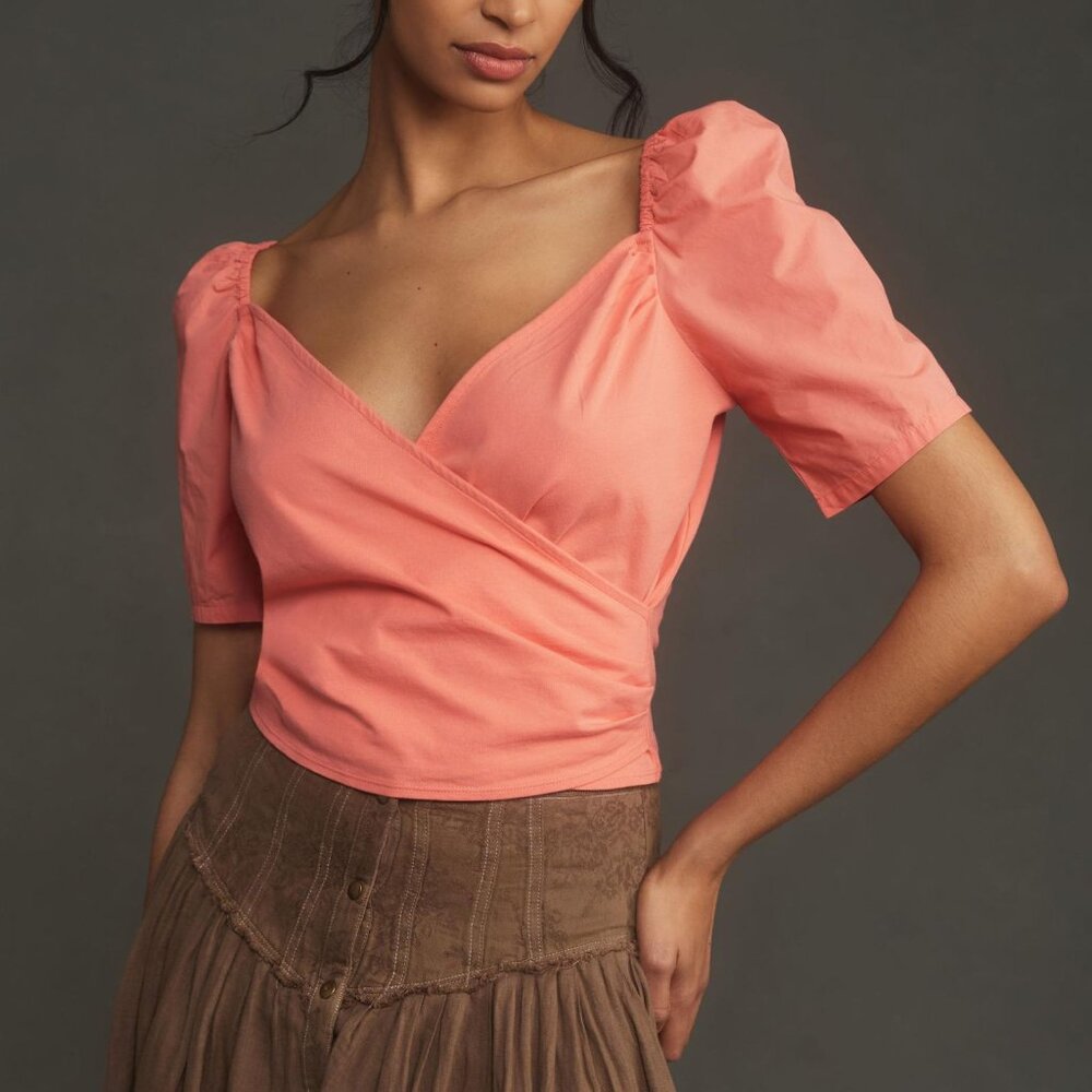 By Anthropologie Puff-Sleeve Wrap Top Coral Pink XS